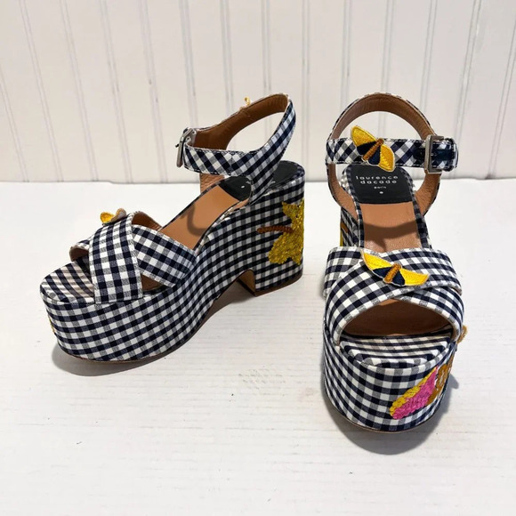 Laurence Dacade Helissa Navy Gingham Floral Embroidered Preppy Wedge Heels 39 - Picture 6 of 10